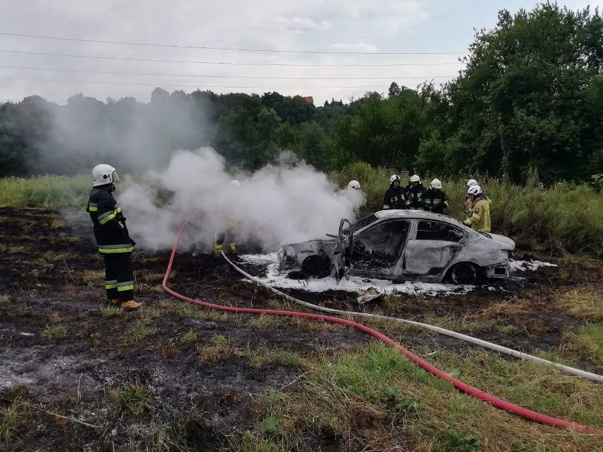 Pożar samochodu w Ochojnie z pożarem traw. Dwie jednostki gasiły ogień