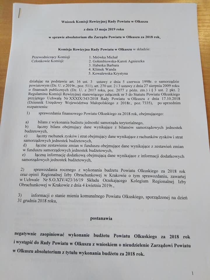 Negatywna opinia Komisji Rewizyjnej dla absolutorium Zarządu Powiatu w Olkuszu. Po raz pierwszy w historii samorządu olkuskiego