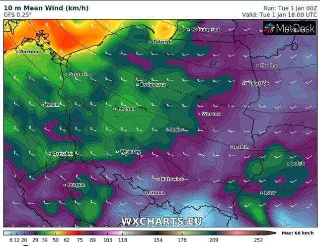 Prognozowany rozkład siły wiatru w Polsce 1 stycznia 2019 roku