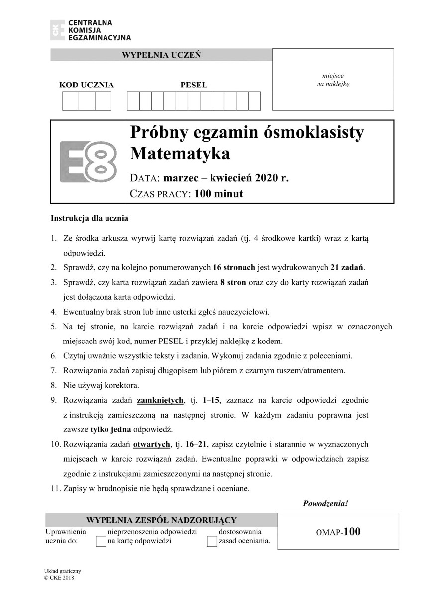 Próbny egzamin ósmoklasisty MATEMATYKA 2020. ARKUSZ CKE