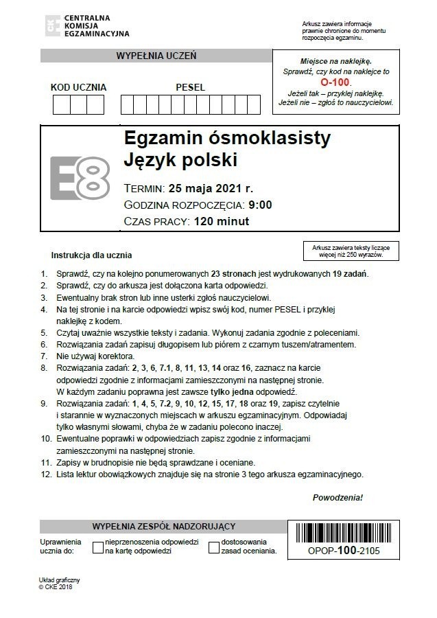 Egzamin ósmoklasisty 2021 z języka polskiego. Arkusze CKE, test, pytania, odpowiedzi. Co było na egzaminie? (25.05.2021)