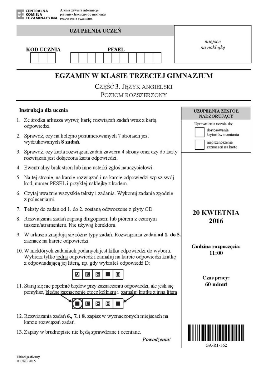 Egzamin gimnazjalny 2016: Język angielski - rozszerzenie...