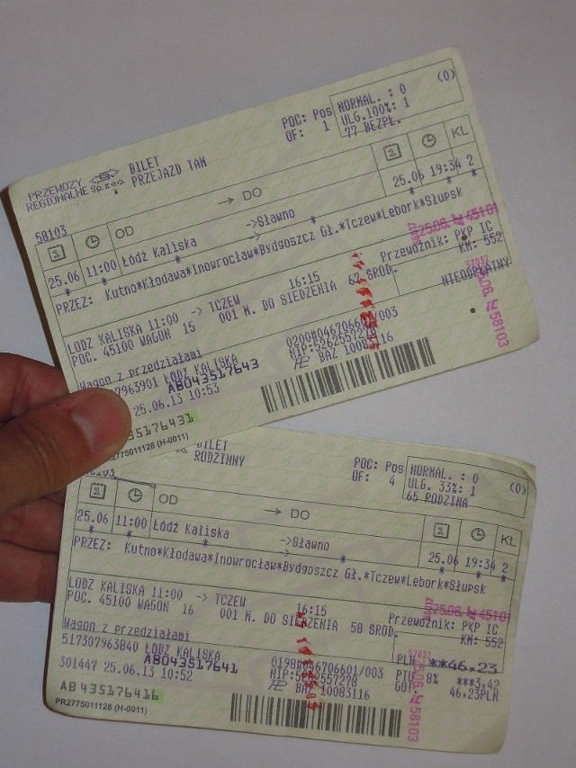 Oto dwa bilety, które sprzedano panu Wojtkowi na podróż z synkiem – dla taty w wagonie nr 16, dla dziecka w  wagonie nr 15.