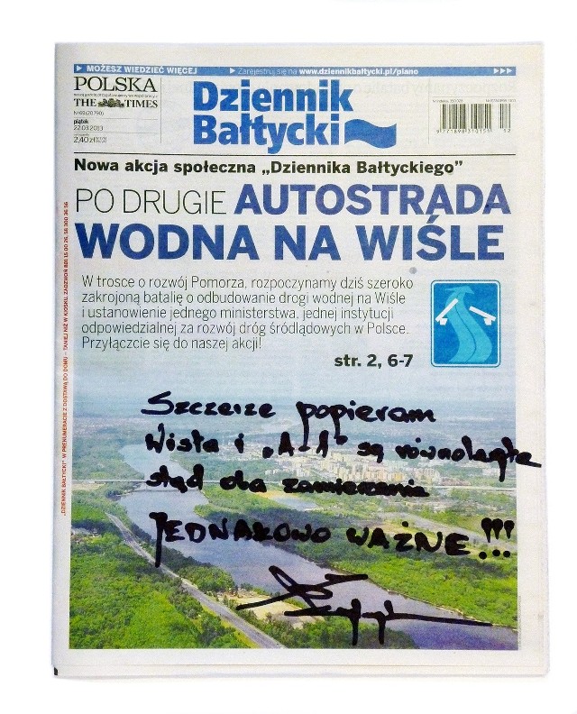 Jan Ryszard Kurylczyk poparł akcję "Po drugie: Autostrada wodna na Wiśle"