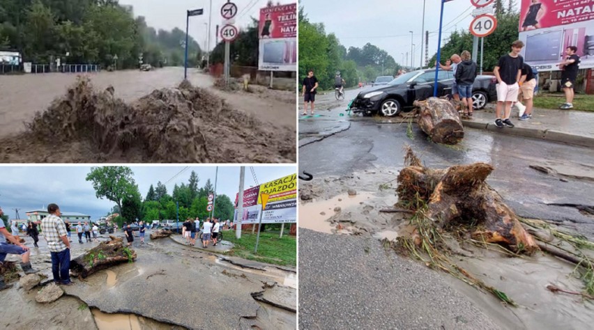 Burza i powódź sparaliżowały Nowy Sącz. Ulice Barska i Grabowa zamieniły się w rwącą rzekę. Zalane domy i samochody [ZDJECIA]