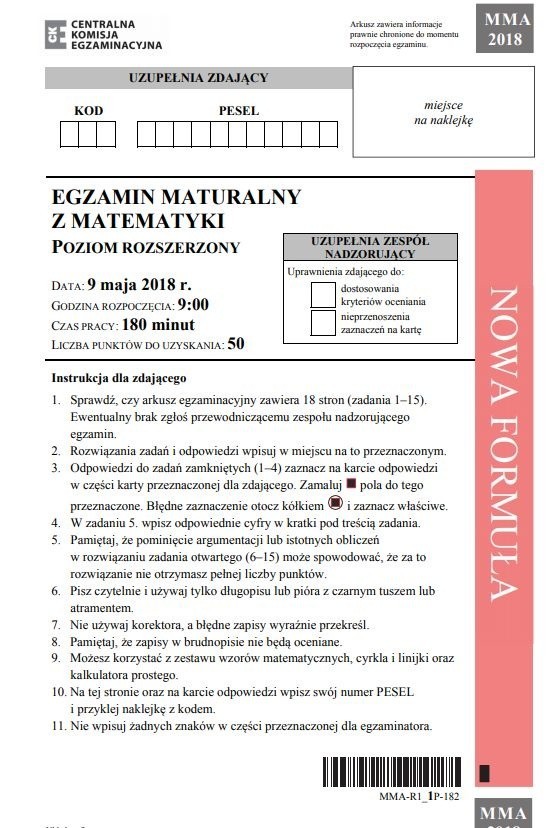 Matura 2018: Matematyka rozszerzenie (ODPOWIEDZI, ROZWIĄZANIA, ARKUSZE CKE, TESTY) 0.05.2018