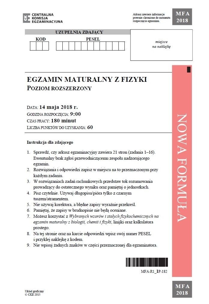 Matura 2018 fizyka i astronomia ARKUSZ PYTAŃ CKE. Sprawdź, co było na maturze z fizyki i astronomii 2018