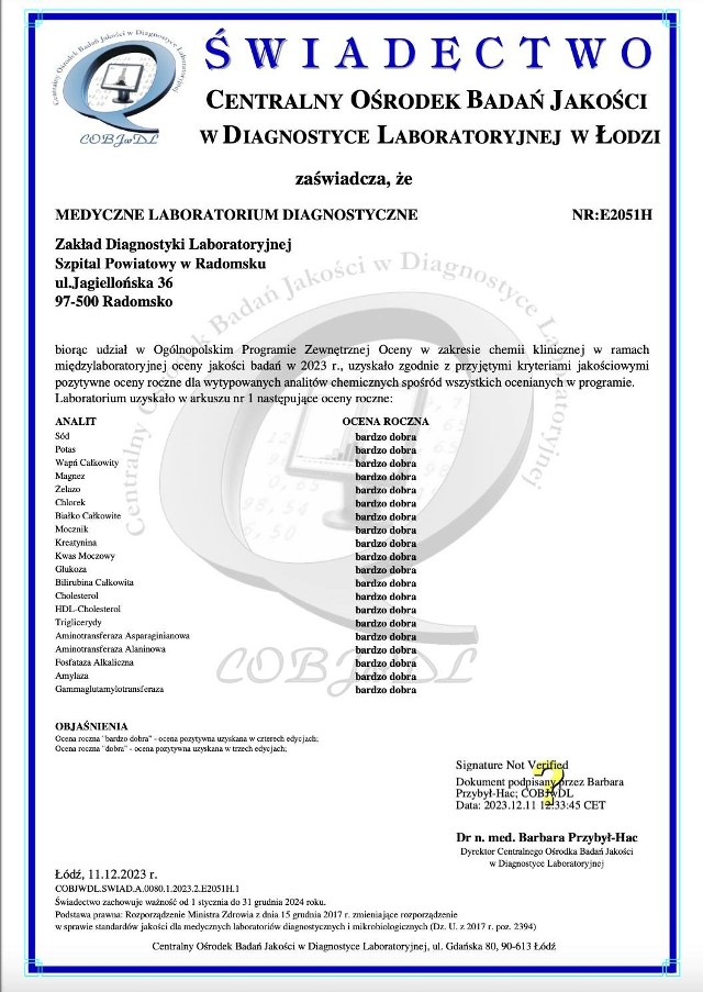 Zakład Diagnostyki Laboratoryjnej Szpitala Powiatowego w Radomsku z Ogólnopolskim Certyfikatem jakości badań
