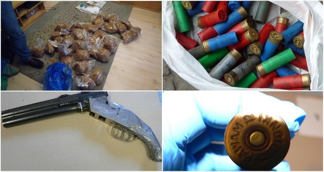 Na miejscu policjanci znaleźli broń palną, 37 sztuk amunicji, ponad 570 gramów amfetaminy oraz  19 kg krajanki  tytoniowej bez akcyzy.