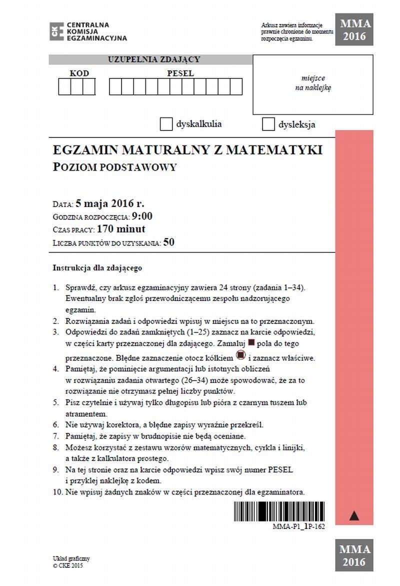 MATURA 2016 MATEMATYKA ARKUSZE CKE ODPOWIEDZI