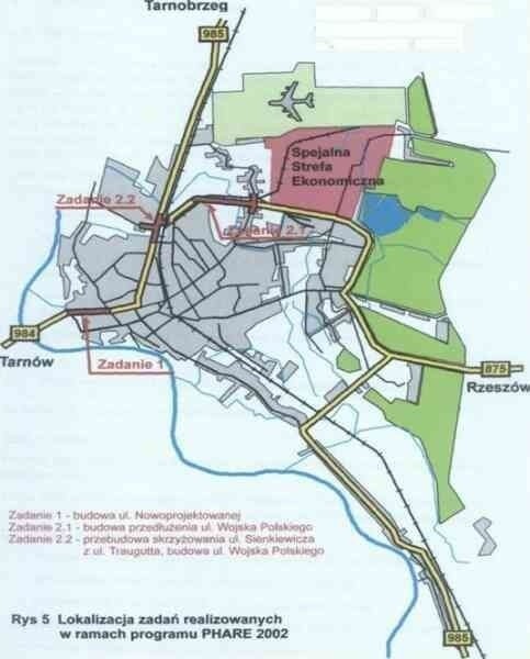 Mapka pokazująca umiejscowienie prac drogowych związanych z obwodnicą wewnętrzną Mielca