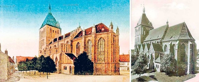 (z lewej) Tak prezentowała się katedra po przebudowie w połowie XIX wieku. (z prawej) Pierwotny wygląd świątynia odzyskała w wyniku renowacji w latach 1914 - 1915.