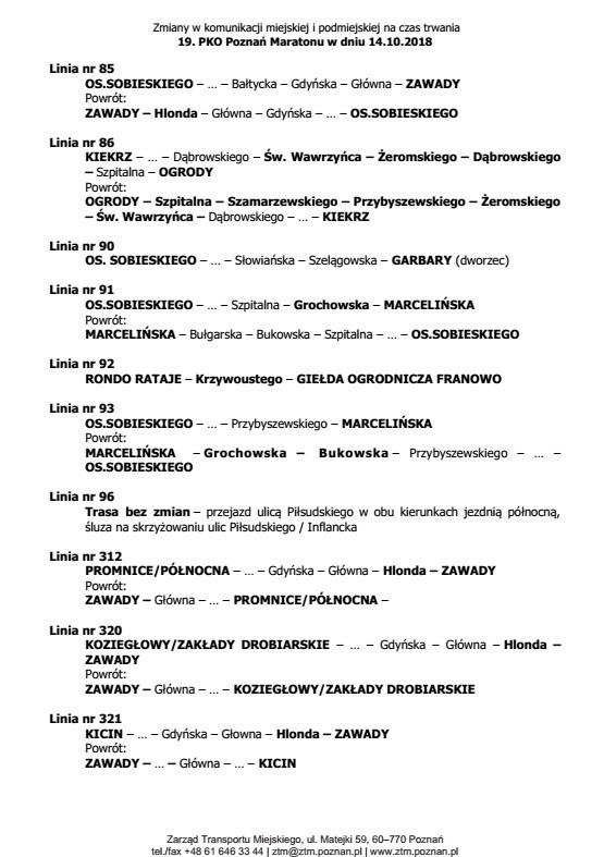 Maraton w Poznaniu 2018: Zmiany w komunikacji miejskiej