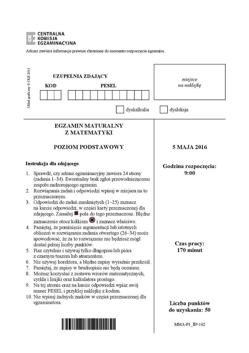 Stara matura 2016: Matematyka poziom podstawowy [ODPOWIEDZI,...