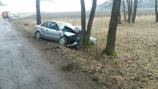 Wypadek śmiertelny w Podłatach Małych. Zginął kierowca audi A4. Samochód uderzył w drzewo