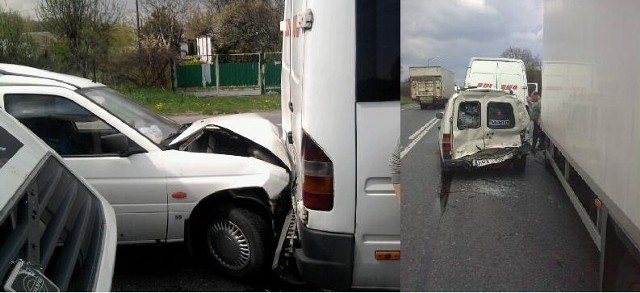 Na stojące osobowe samochody najechało ciężarowe volvo, które uderzyło w forda, ten zderzył się z mercedesem, który kolejno uderzył w volkswagena. 