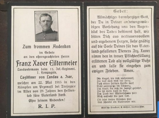 Karta ku pamięci Franza Xavera Eiftermeiera, poległego w czasie I wojny światowej, w walkach o Twierdzę Przemyśl.