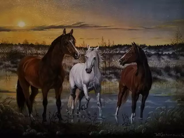 Wacław Kochanowicz, autor obrazu „Posłuchaj o czym mówią konie”, namalował około 200 dzieł. Oprócz koni tematem jego obrazów są scenki rodzajowe zapamiętane z dzieciństwa, pejzaże i martwa natura.