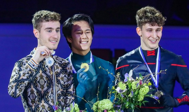 Medaliści mistrzostw Europy w rywalizacji solistów - od lewej Matteo Rizzo (srebro), Adam Siao Him Fa (złoto) i Lukas Britschgi (brąz).