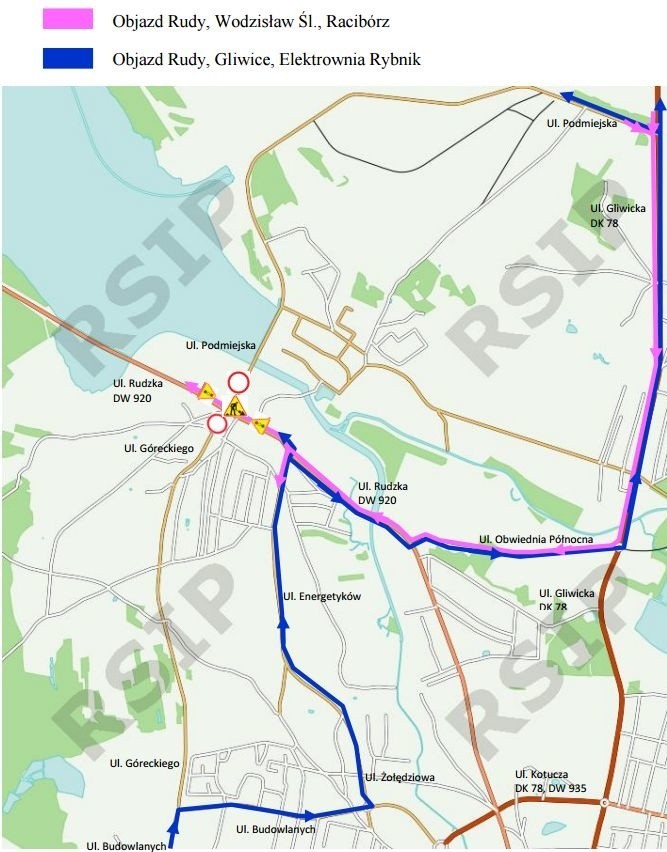 Mapa z objazdami związana z remontem ronda Elektrowni Rybnik