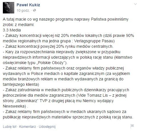 Wpis Pawła Kukiza na Fsacebooku