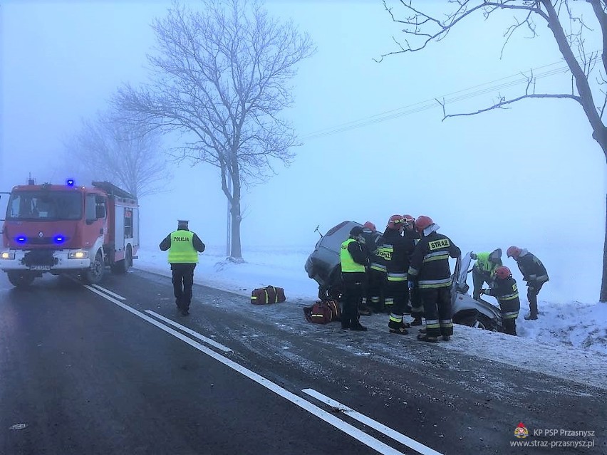 Wypadek na drodze Przasnysz-Ciechanów. Nissan wypadł z drogi [ZDJĘCIA]