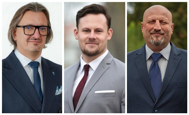 Kandydaci na stanowisko burmistrza Pelplina: Mirosław Chyła, Konrad Leczkowski, Marcin Rulewski.