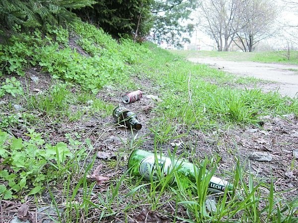 Na ścieżce za domkami przy Lnianej mieszkańcy znajdują butelki, puszki po piwie, plastikowe torby, kartony, stare gazety