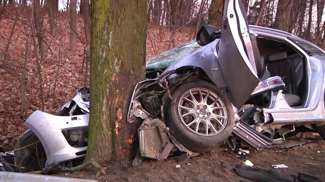 48-letni kierowca mazdy z nieustalonej przyczyny zjechał na pobocze i uderzył w drzewo.