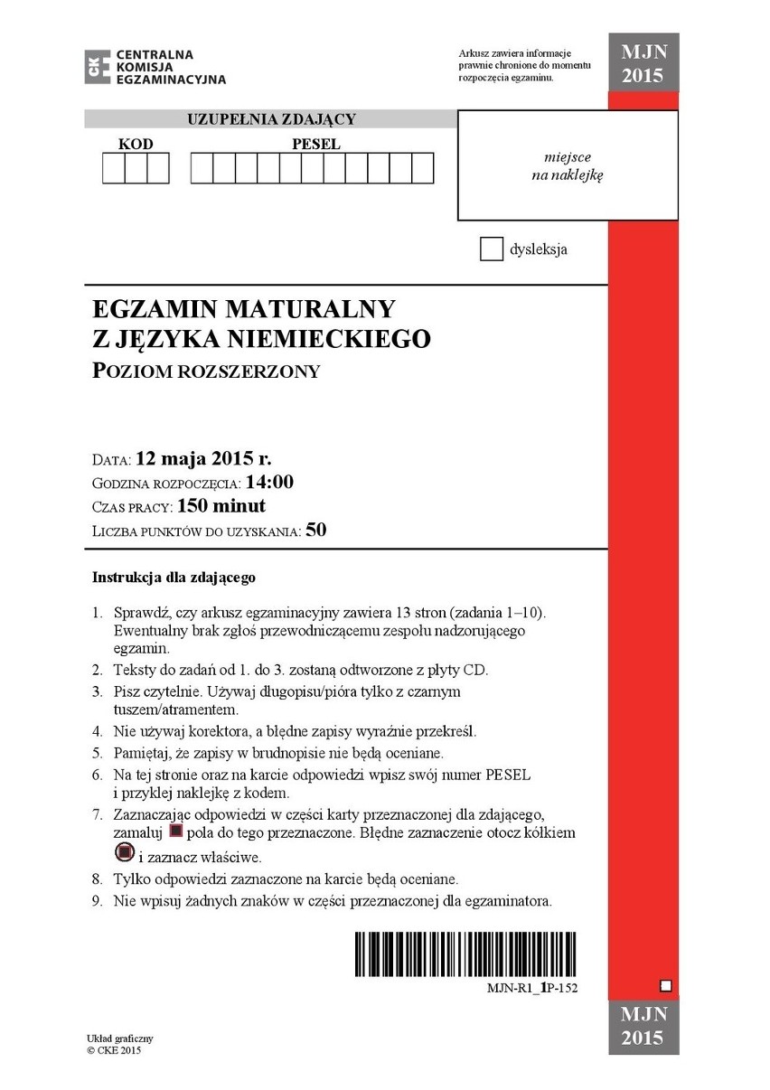 Matura 2015. Język NIEMIECKI poziom rozszerzony dla LO...