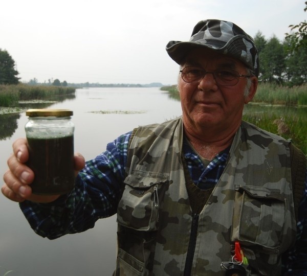 - Taki zielony kożuch glonów pływał ostatnio na brzegu - pokazuje Jan Rak.