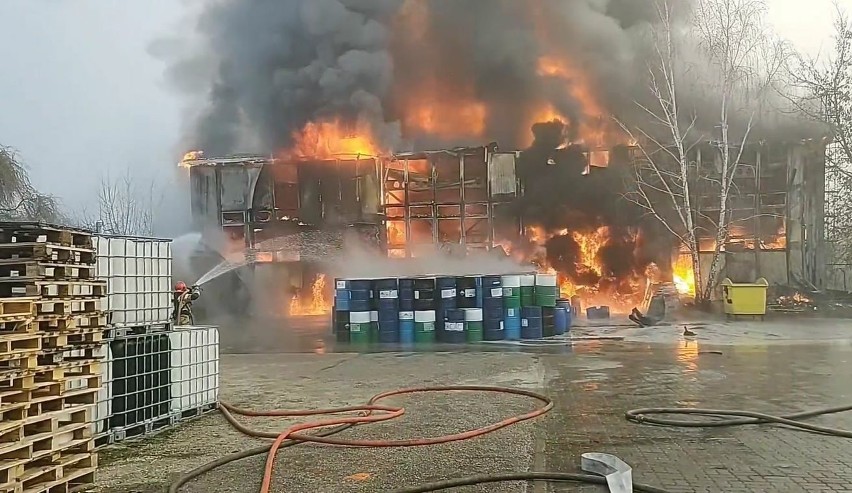 Wielki pożar hali z chemikaliami w Wierzbicy pod Radomiem. W akcji dwadzieścia zastępów straży. Jeden ze strażaków został ranny. Zdjęcia