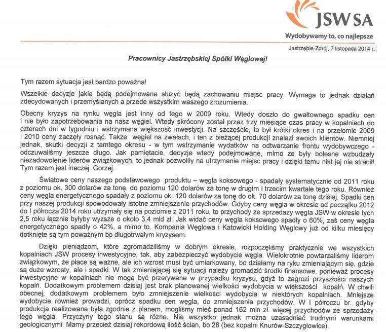 "Sytuacja w JSW jest poważna" Prezes Zagórowski napisał list do pracowników JSW
