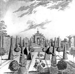 Tak w XVIII wieku wyglądal ogród Branickich. Widok na Pawilon Chinski, z lewej boskiety.