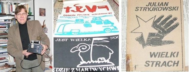 (Od lewej) Krzysztof Wianecki wraz z radioodbiornikiem, który służył działaczom Solidarności do nadawania audycji radiowych.(z prawej) Ulotki opozycyjne, które trafiły do Tarnobrzega na początku 1983 roku.