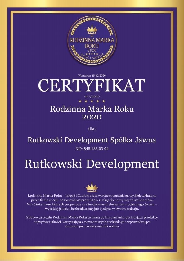 Deweloper Rutkowski Development otrzymał tytuł Rodzinna Marka Roku 2020