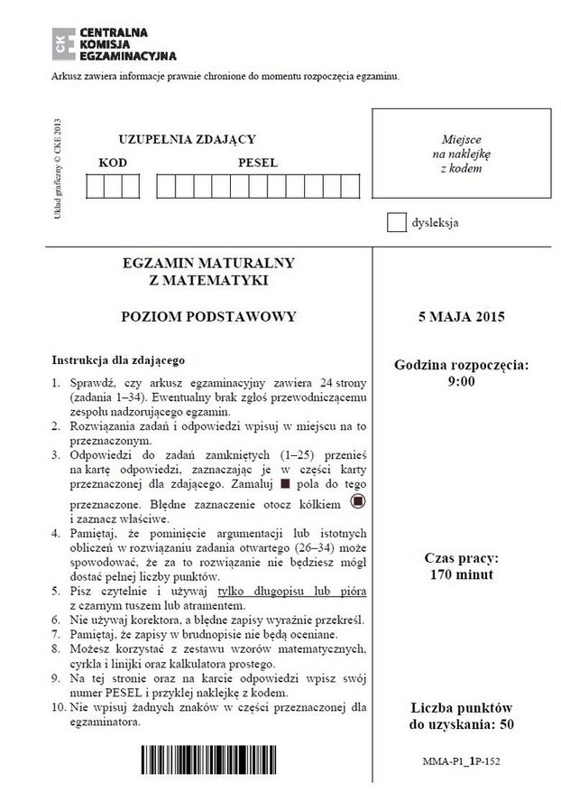 MATEMATYKA STARA MATURA 2015 TECHNIKUM ARKUSZE CKE