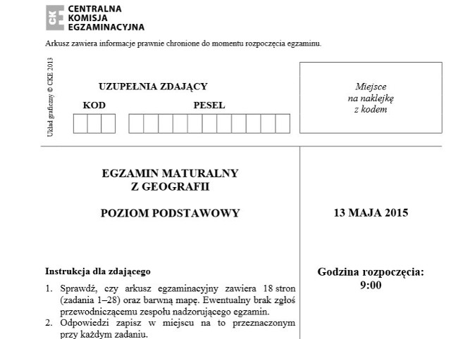 Matura 2015. Geografia,  poziom podstawowy technikum ARKUSZE, PYTANIA,ODPOWIEDZI