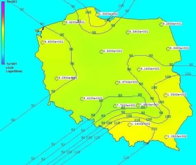 Rozkład mocy dawki promieniowania w Polsce. Brak jakichkolwiek zagrożeń radiologicznych na terenie naszego kraju.