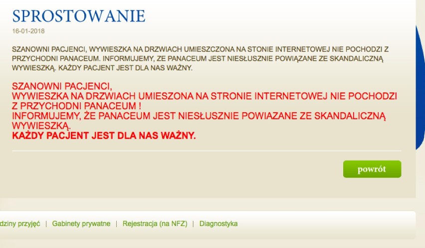 Lekarz z Rumi: Nie obsługujemy pacjentów z PiS. Taki napis miał się znaleźć na drzwiach gabinetu. Przychodnia Panaceum zaprzecza