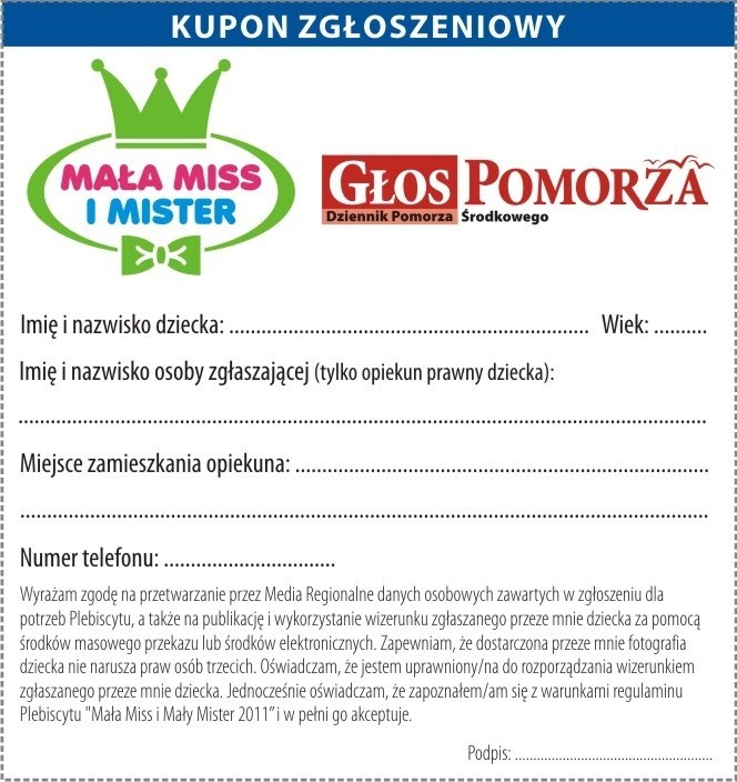 Kupon zgłoszeniowy do konkursu "Mała Miss i Mister 2011"