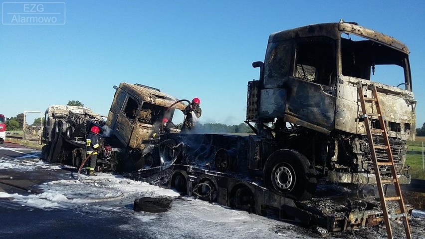 Pożar na A2 koło Zgierza. Zderzenie dwóch ciężarówek. Pojazdy stanęły w ogniu. Utrudnienia [ZDJĘCIA, FILM]
