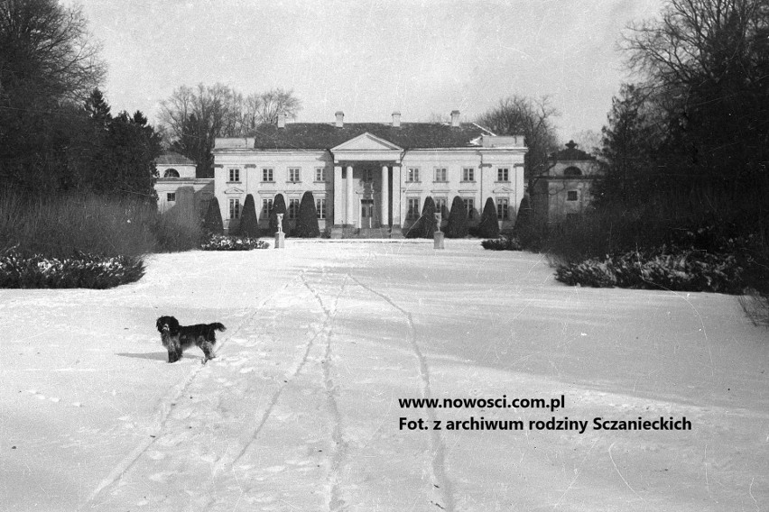 Pałac w Nawrze zimą 1937 roku. Na pierwszym planie pies...