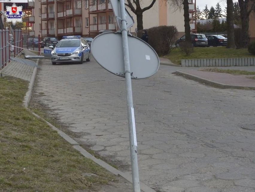 W Zamościu pijana kobieta próbowała wjechać na parking. Uszkodziła znak i latarnię