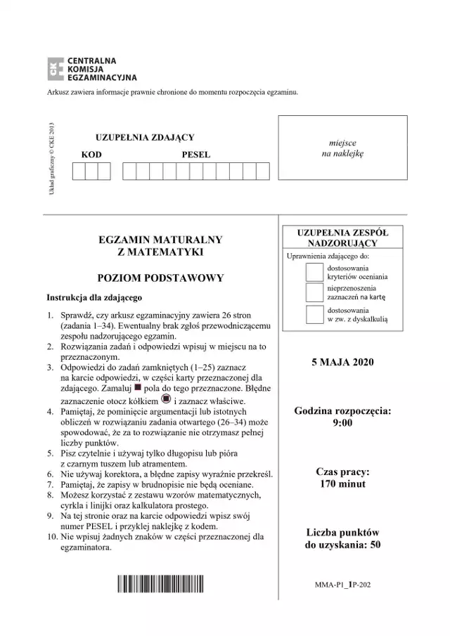 Matura z matematyki. Arkusze CKE, OKE, zadania, odpowiedzi 2020-2021. Matura podstawowa matematyka.