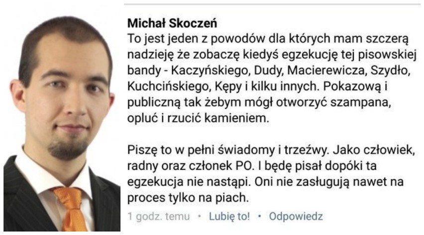 Radny z Krakowa chce egzekucji Kaczyńskiego i Dudy