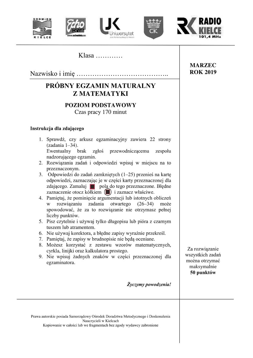 Próbna matura 2019 matematyka Echa Dnia ARKUSZ | Echo Dnia Świętokrzyskie