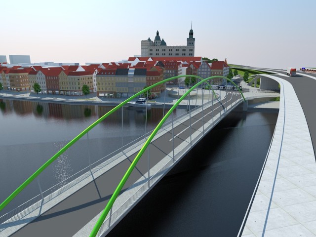 Jedna z wizji jak mógłby wyglądać Most Kłodny. Zwraca uwagę likwidacja łącznic z Nabrzeża Wieleckiego na Trasę Zamkową. Przyszła przeprawa ma przejąć nie tylko ruch pieszych, ale również pojazdów.