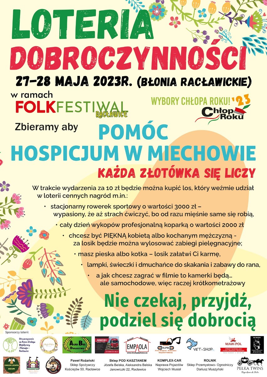 Plakat promujący loterię dla Hospicjum w Miechowie