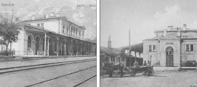 Z lewej: Grajewski dworzec kolejowy w początkach XX w. Z prawej: Dworzec w okresie I wojny światowej